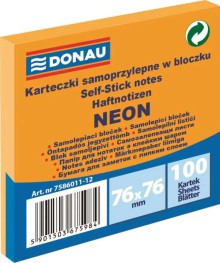 Samolep�c� blo�ek DONAU, 76 x 76 mm, neonov� oran�ov�, 100 l�stk�